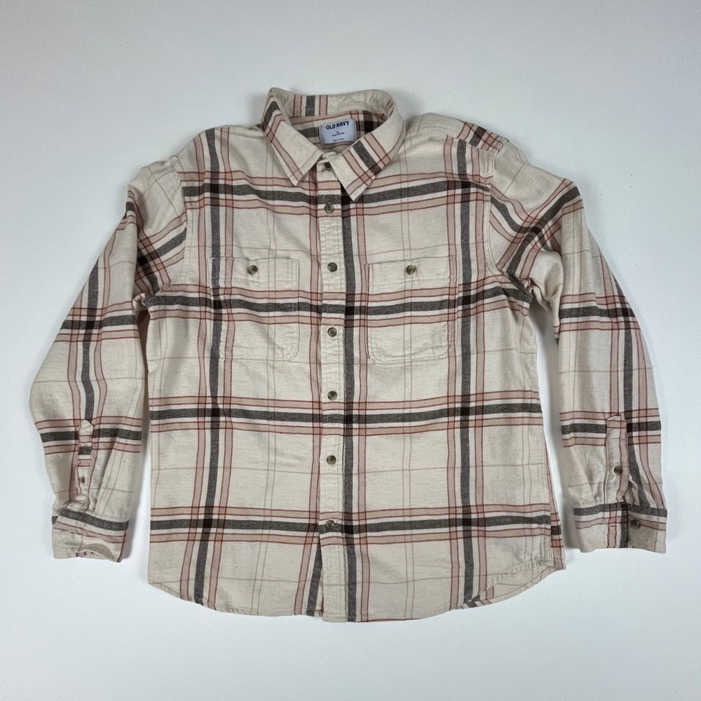 Old Navy Mens XL Double Brushed Flannel Shirt Plaid Cream Brown Long Sleeve
